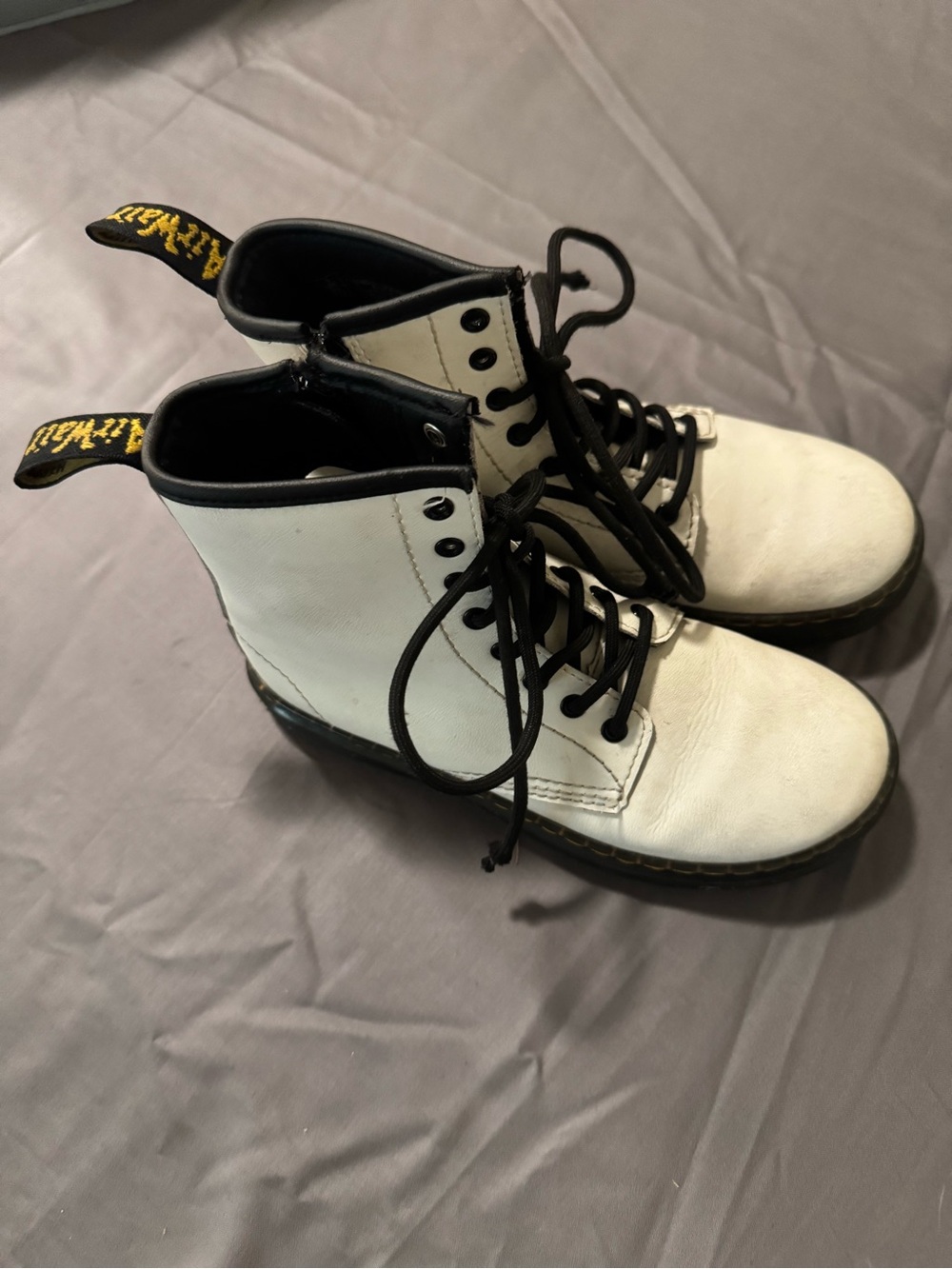 Dr. Martens Kids White Leather Lace-Up Combat Boots with Black Trim